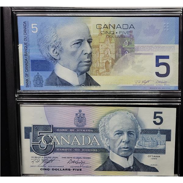 Canadian 5 Notes Lasting Impressions Bank of Canada $5 notes. 1988 & 2002 $5 notes with ...