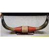 Image 1 : Mounted Steer Horns with Leather Center: tip to tip: 27", 11" Tallx5" Wide