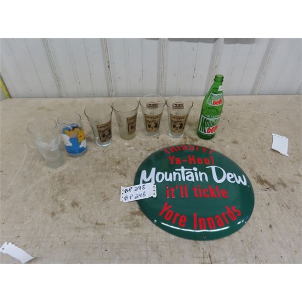 Modern Metal Mountain Dew Sign 14" Wide  + Bottle & Coke 