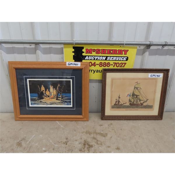 2 Framed Pictures ; Bonfire 16" x 20" & Boat 14" x 17" 