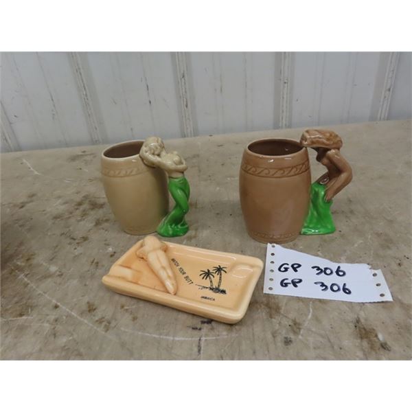 Risqué Beach Themed Items; 2 Mugs, Ashtray