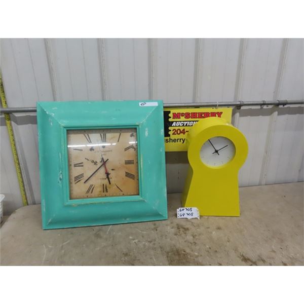 2 Funky Clocks ; Wall Mount 23" x 23" & Mantle Clock 10" x 18.5" 