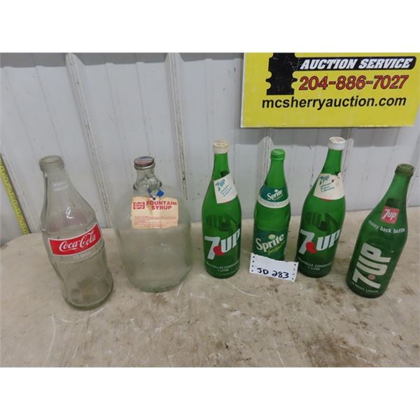 Old Pop Bottles- 1L 1.5L ; 7Up, Sprite, Coca-Cola, Pepsi Syrup Jug