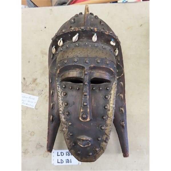 Funky Tribal Voodoo Mask of Carved Wood with Shells +