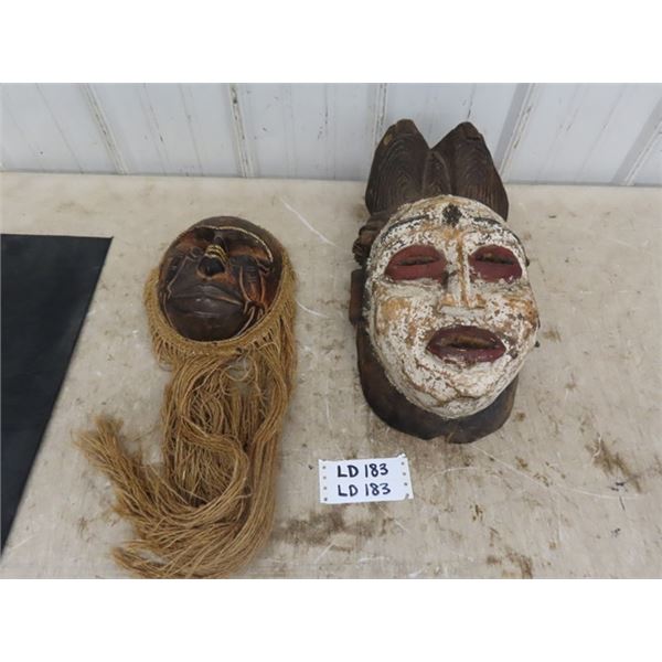 2 More Funky Tribal Masks of Carved Wood - Largest 18" 
