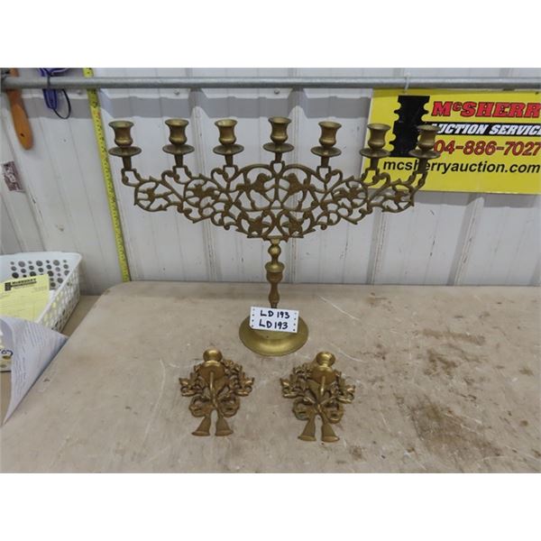 7 Spot Candelabra - Solid Brass, 2 Single Candle Wall Holders - Brass