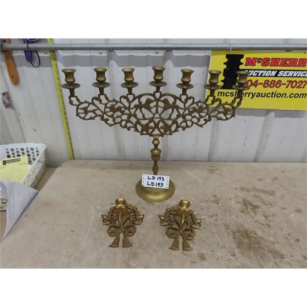 7 Spot Candelabra - Solid Brass, 2 Single Candle Wall Holders - Brass