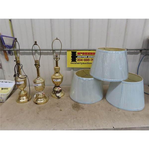 3 Brass Plated Lamps with Shades 26" Tall 