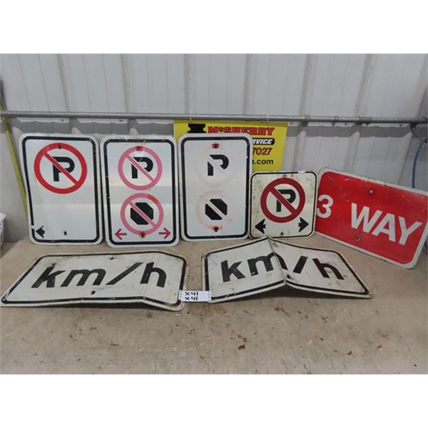 7 Assorted Street Signs - No Parking, 3 Way, KM/H