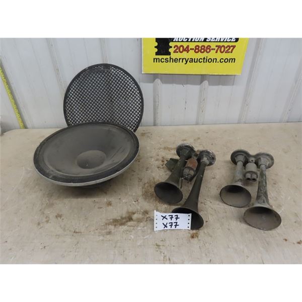 2 Vintage Military Green Air Horns, 15" Speaker Woofer