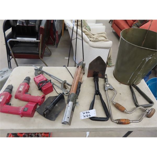 Folding Shovel, Cordless Driver, Garbage Pail with Reamers, 