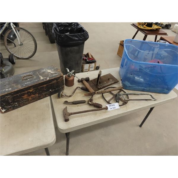 Bin with Assorted Tools ; Hammers, Hand Drill 