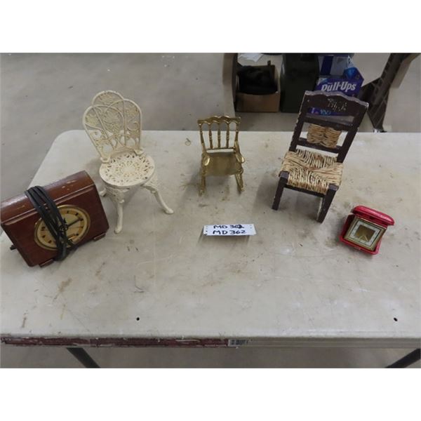 3 Miniature Chairs ; Brass, Wood + Metal & Wooden