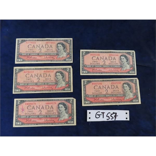 (5) 1954 Canada $2.00 Paper Bills 