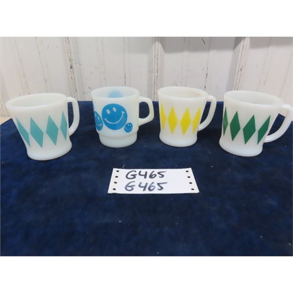 4 Fire King Coffee Mugs - 3 with Diamonds, 