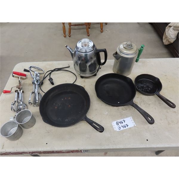 Campers Special ;3 Cast Fry Pans, Coffee 