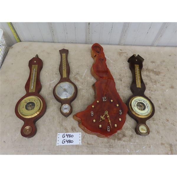 4 Wooden Barometers + Wooden Wall Clock 23" Tall 