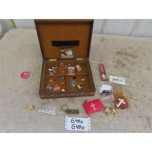 Jewelry Box with Assorted Lapel Pins, Rosaries, 