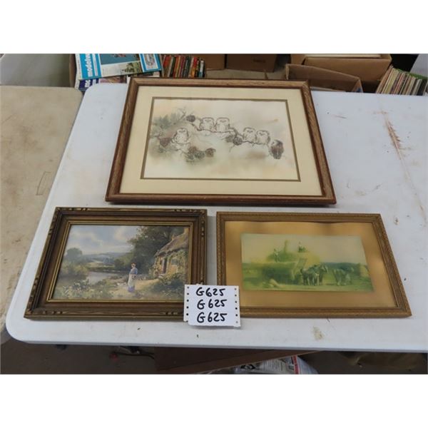 3 Framed Water Color Prints ; Owls 17.5" x 21.5", Golden Harvest