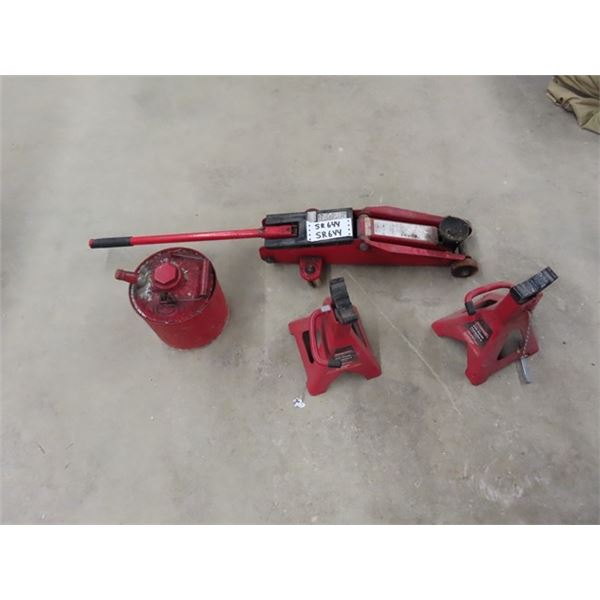 Portable Floor Jack, 2 Jack Stands, Small Gas Can