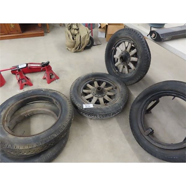 5 Vintage Pontiac Tires - 2 with Wooden Spoke Rims,