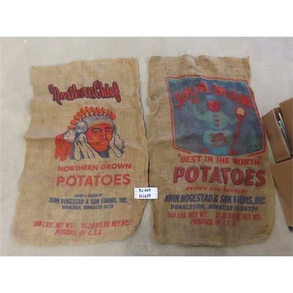 (2) 100 lb Burlap Potato Sacks ; Northern Chief + Snowman -