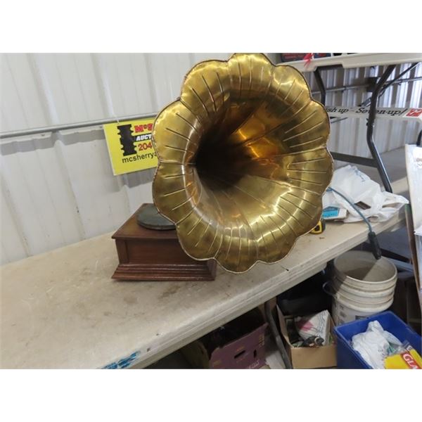 Vintage Brass Gramophone Horn with Gramophone, 24" Across Horn End 26" Long