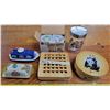 342  Lot of Kitchen Items Wood Underplates, Covered Butter Dishes, Handpainted Glass JarandLid, Butter War