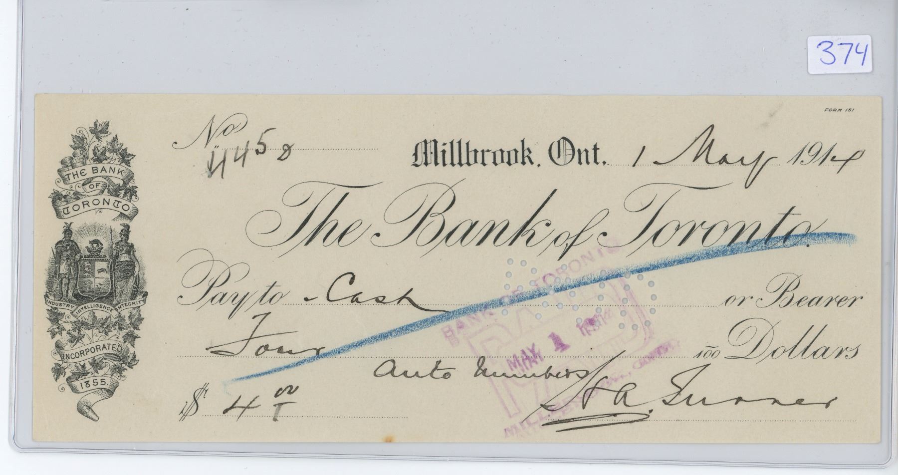 Toronto Cheque The Bank of Toronto cheque from Millbrook, Ont. For $4 dated 1914 ...