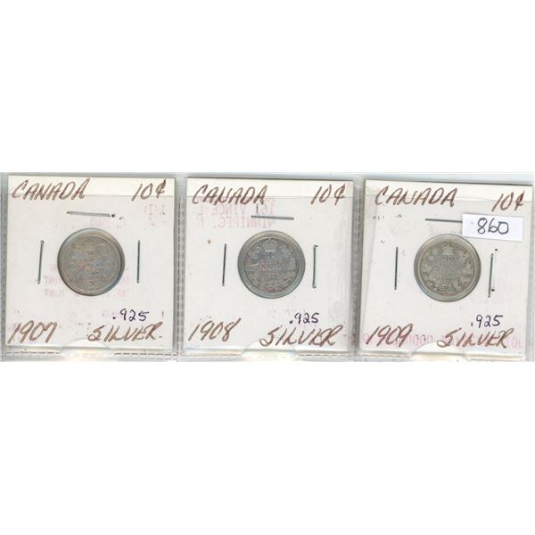 Canada 1907, 1908, 1909 Dimes Ft .925 Silver