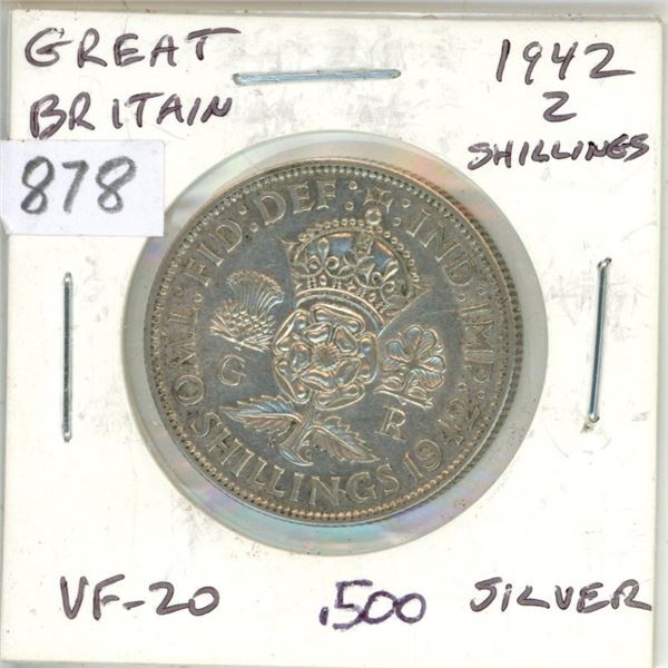 Great Britain 1942 2 Schillings VF .500 Silver