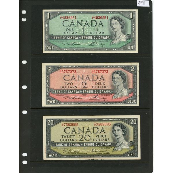 Canada 1954 1 Dollar, 2 Dollar & 20 Dollar Notes