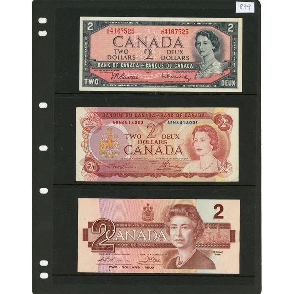 Canada 2 Dollar Bank Notes 1954, 1974 & 1986