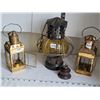 Image 1 : 2 Brass candle holders & amber glass hanging oil lamp.