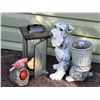 Image 1 : Yard ornaments. Dog planter, cardinal & candle lamp.