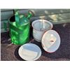 Image 1 : Vintage galvanized watering can & porcelain lidded pot & plate.