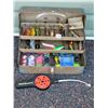 Image 1 : Metal tackle box & contents. Rapala hooks, Teho rod, popular spoons & more.