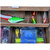 Image 4 : Metal tackle box & contents. Rapala hooks, Teho rod, popular spoons & more.