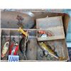 Image 5 : Metal tackle box & contents. Rapala hooks, Teho rod, popular spoons & more.