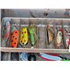 Image 6 : Metal tackle box & contents. Rapala hooks, Teho rod, popular spoons & more.