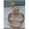 Image 1 : Vintage Jeanette Pink Depression Glass Fawn Deer Jar/Candy Dish with lid 6" tall