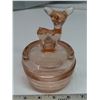 Image 2 : Vintage Jeanette Pink Depression Glass Fawn Deer Jar/Candy Dish with lid 6" tall