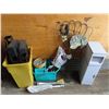 Image 1 : Lot of household items: Thin Metal chain, storage shelf/unit, 2 cute garden/plant stands, etc.