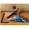 Image 1 : Wooden Mire box & saw + 16" hand saw +  metal measuring square