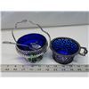 Image 1 : 2 blue and silver condiment dishes &  1 spoon