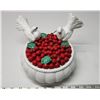 Image 1 : Ceramic Doves perched on woven basket of red cherries - vintage 9" Yard Art