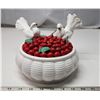Image 2 : Ceramic Doves perched on woven basket of red cherries - vintage 9" Yard Art