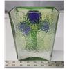 Image 3 : Antique 1880 Hand Made Stained Glass Vase - Iris - fire polished green glass 5 x 7 "