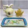 Image 1 : Vintage ware – Parakeet Metal Serving Tray, “Aynels” Pitcher, Canada #3917 Maple Syrup Pottery Conta