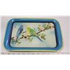 Image 2 : Vintage ware – Parakeet Metal Serving Tray, “Aynels” Pitcher, Canada #3917 Maple Syrup Pottery Conta